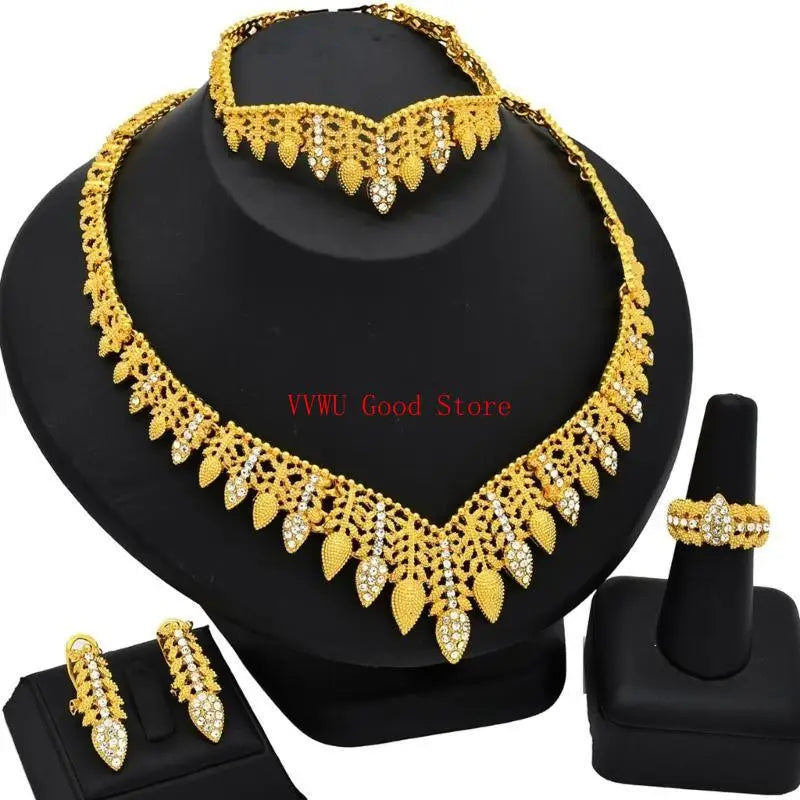 Conjunto de joias florais com strass dourados resistentes, acessório de moda portátil para noivas e festas noturnas