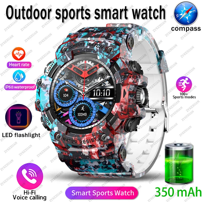 Novo relógio inteligente esportivo robusto para atividades ao ar livre 2025, masculino, com chamada Bluetooth, colorido, IP68, à prova d'água, bússola militar, relógio inteligente, lanterna