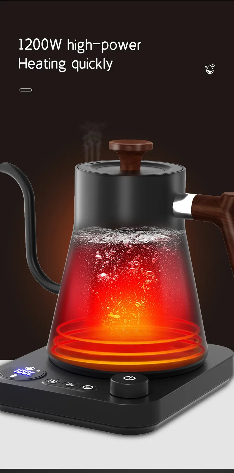 Chaleira elétrica de pescoço de ganso de 1200 W, chaleira para café, bule de chá com controle inteligente de temperatura constante, chaleira elétrica