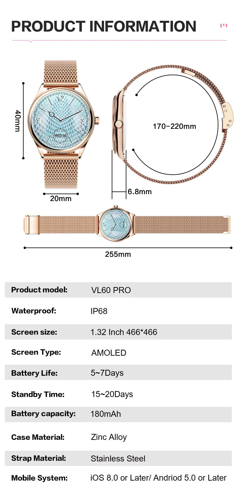 Relógio inteligente VALDUS VL60 Pro 2025, novo, feminino e masculino, tela AMOLED, com Bluetooth, para chamadas, IP68, à prova d'água, fitness e esportes, presente