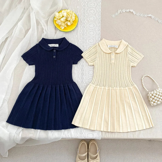 1-5Y Kids Clothes Hollow Out Knit Dress For Kids Girls Kids Knit Pleated Dresses