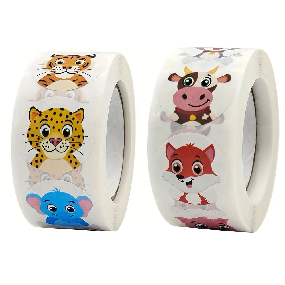 Adesivos de recompensa de animais de desenho animado com 500 peças/rolo, 2,5 cm/1,0 pol., decoração faça você mesmo, perfeitos para jogos de aprendizagem, bloco de notas, geladeira, etiquetas de selo de presente