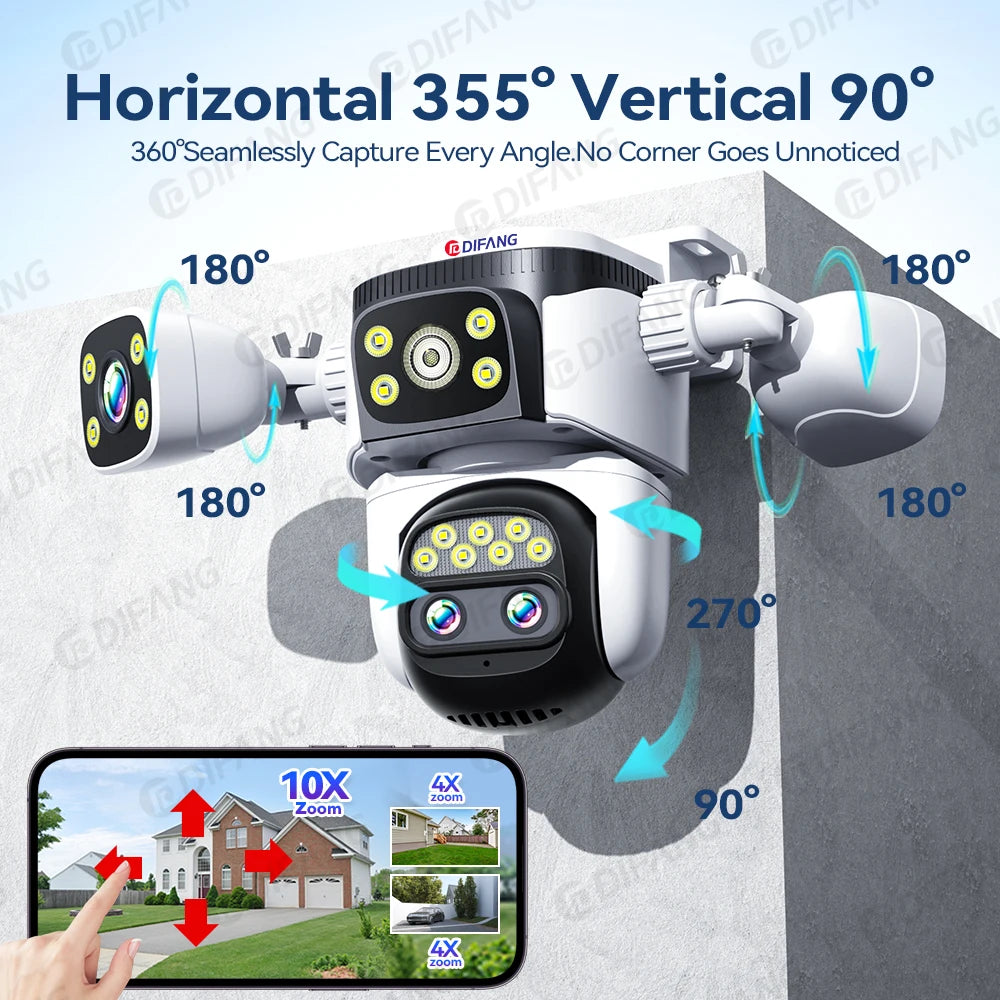 Câmera de segurança externa 10K WiFi6 com três telas, 20MP CCTV, câmera IP externa com zoom de 10X, 8K e 15MP, câmera de vigilância por vídeo
