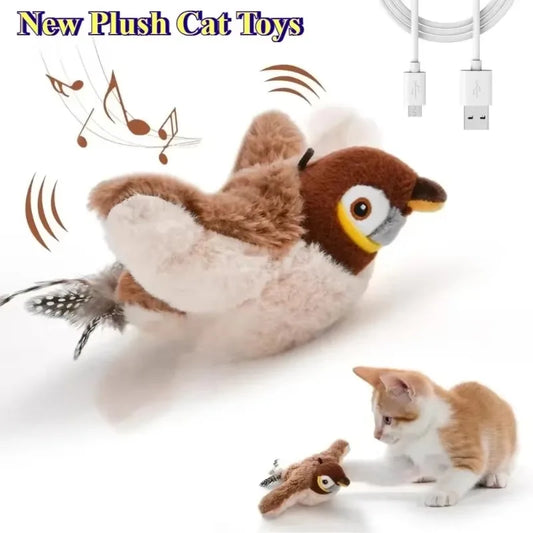 Brinquedos interativos Hot Cat Catnip elétrico Pat Bird (com Catnip) Cão Gatos Brinquedo de pelúcia com ruído ativado por toque para animais de estimação USB recarregável