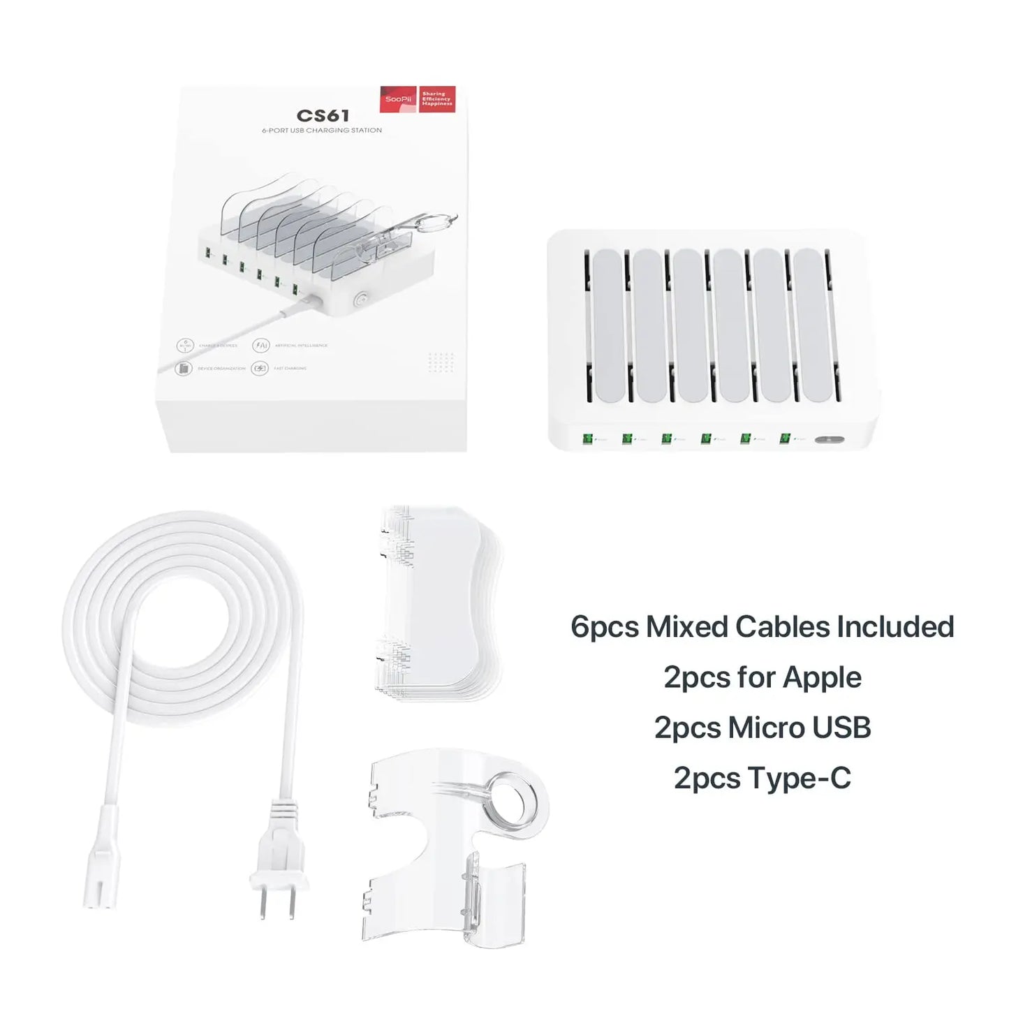 Estação de carregamento USB SooPii 50W/10A com 6 portas para casa e escritório. 6 cabos incluídos para telefones, tablets e outros eletrônicos.