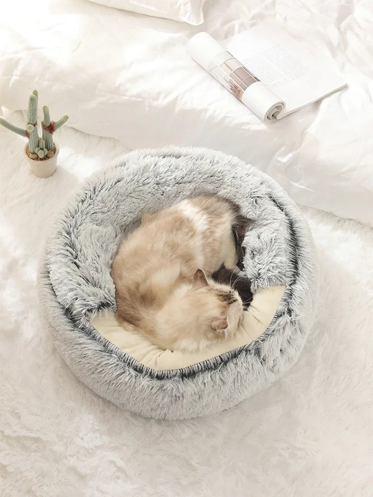 Cama para cães e gatos, colchão para animais de estimação, quente, macia, de pelúcia, com capa, ninho redondo, caverna para cães pequenos e gatinhos