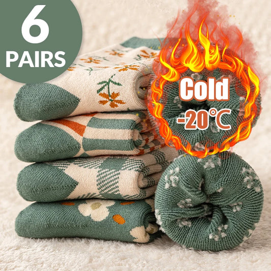 6 pares de meias femininas de outono e inverno com estampa de desenho animado, flor fofa, xadrez, listradas, estilo universitário, grossas e quentes, com laço