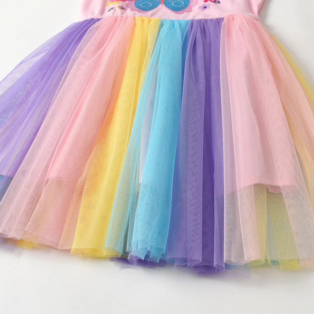 VIKITA Kids Butterfly Flower Print Flare Sleeve Dress Kids Pink Summer Party Vacation Beach Princess Dresses for Kids Clothing