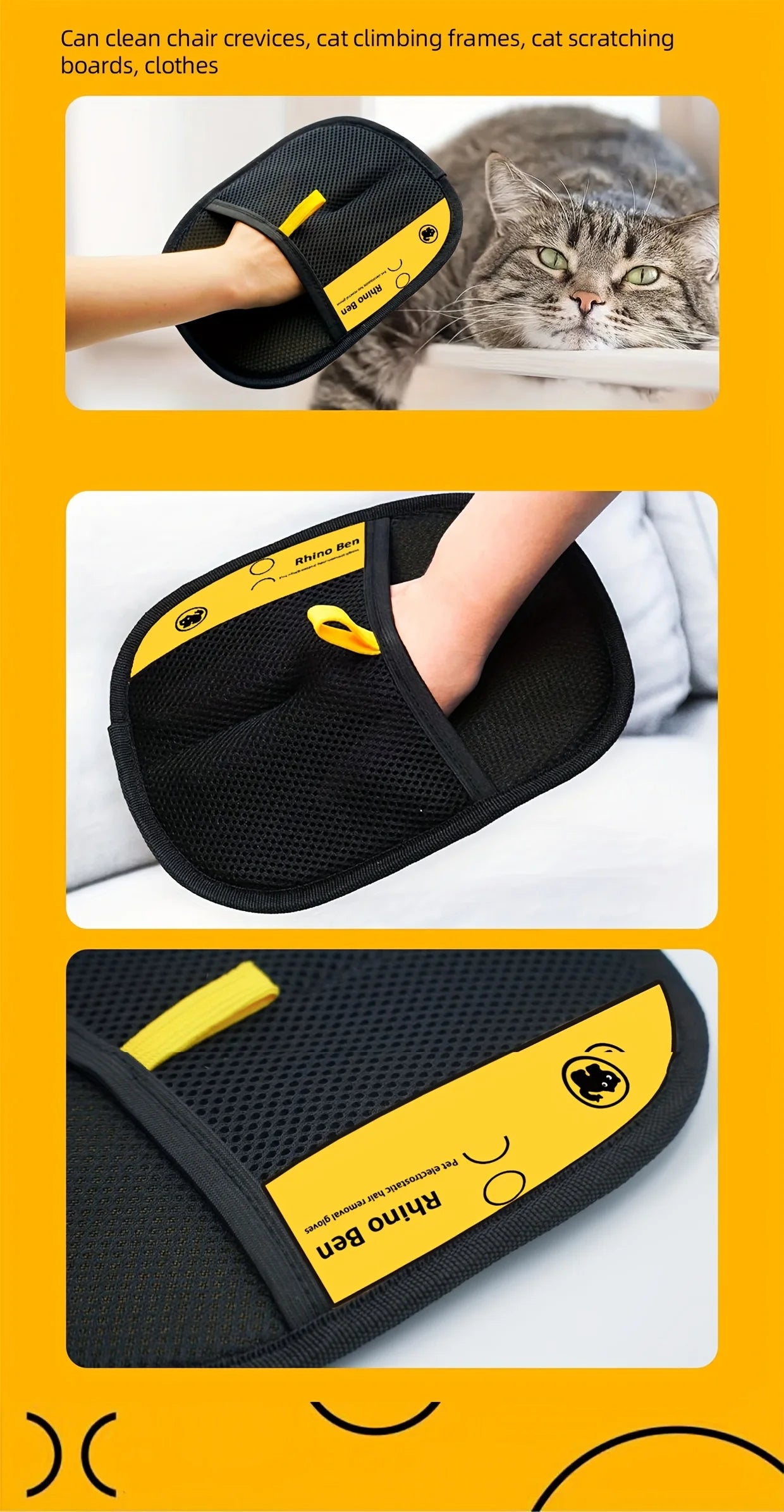 Luvas grandes para remoção de pelos estáticos de animais de estimação - Luvas pretas de polipropileno para tosa de gatos com detalhes em amarelo