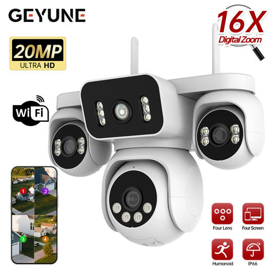 Câmera de segurança WiFi 10K 20MP, 4 lentes, 4 telas, 360° PTZ, zoom 16X, à prova d'água, vigilância residencial, CFTV, câmera de vídeo para áreas externas