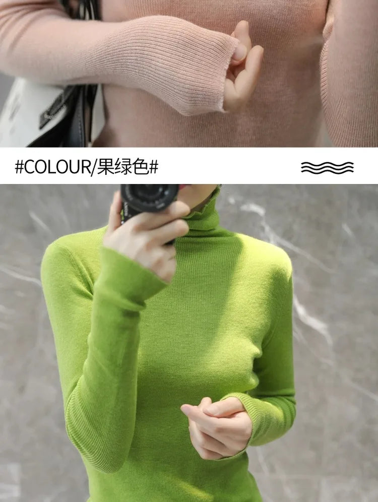 Novo suéter de caxemira feminino outono/inverno 2023, gola alta, suéter ultrafino de lã com pelo