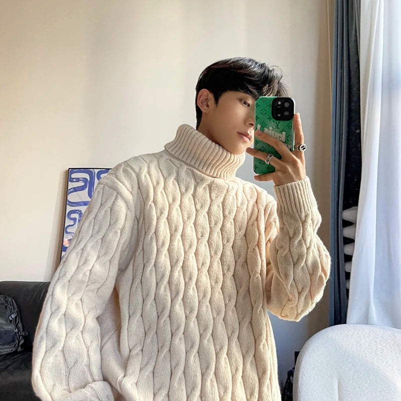 Novo suéter casual masculino de 2023, suéter quente e sólido para áreas externas, suéter de malha, roupa masculina