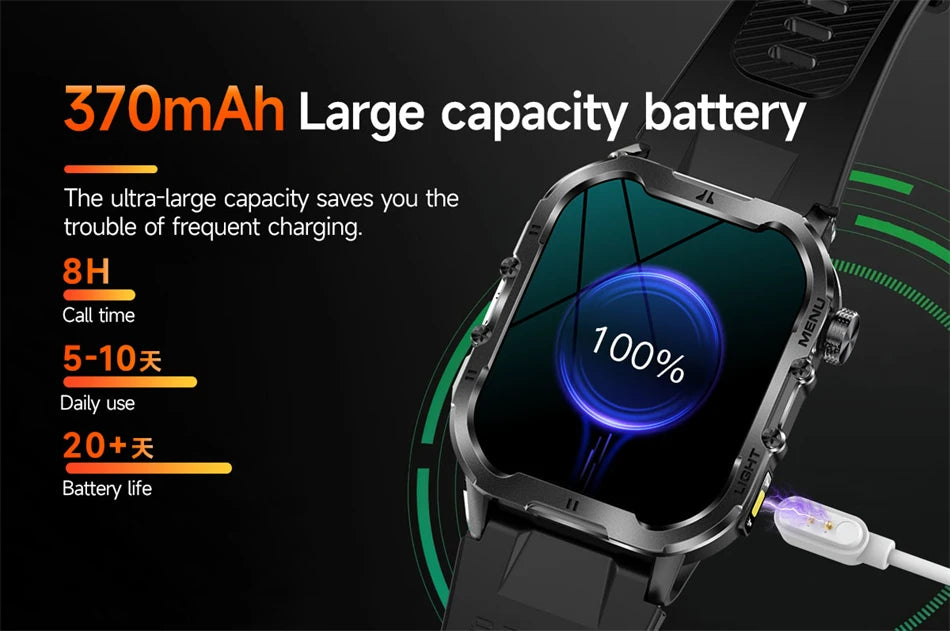 Novo relógio inteligente militar Xiaomi 2024 para homens, esportes ao ar livre, lanterna, fitness, monitor de saúde, 1,96" BT Call Smartwatch