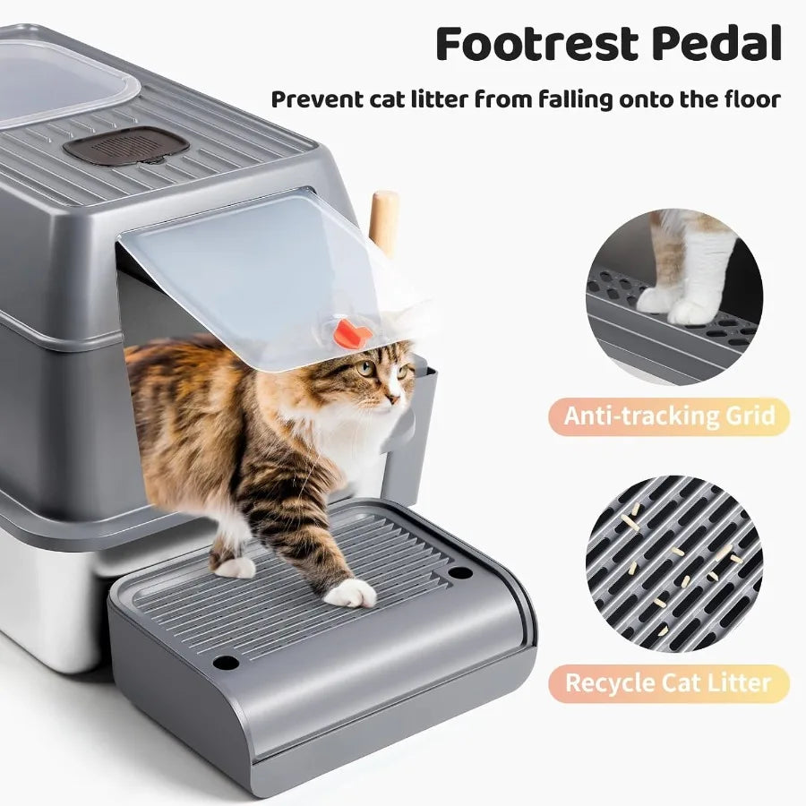 XXL Stainless Steel Enclosed Litter Box with Lid 23.6L x 15.7W x 15.7H for Large Cats High Sided Top Entry Design with Removabl