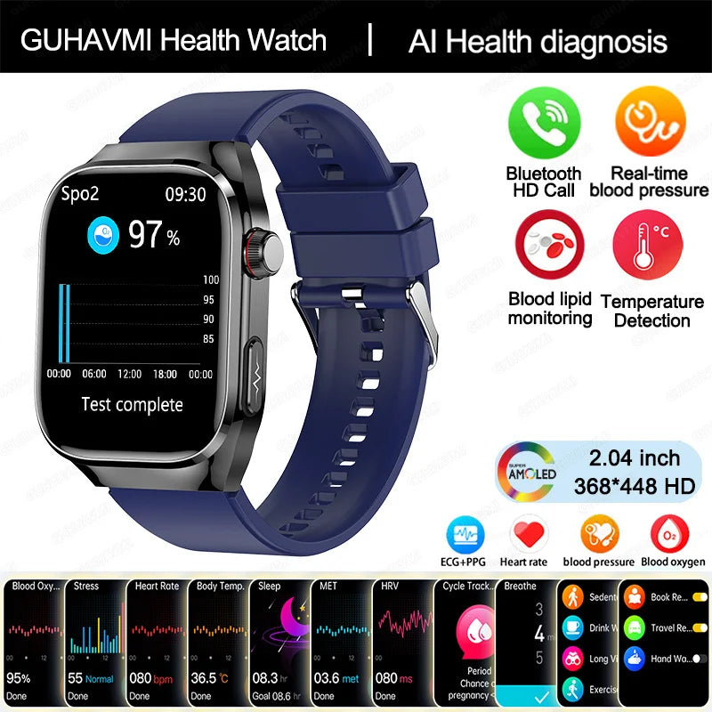 Novo relógio inteligente masculino com diagnóstico de IA e monitoramento de saúde, pressão arterial, ECG, ácido úrico, lipídios, BT Call, relógios inteligentes para HUAWEI