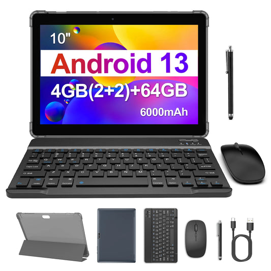 Tablet BAKEN Android 13 de 10,1 polegadas, processador quad-core, 4(2+2)GB+64GB, câmeras duplas, Wi-Fi, Bluetooth, bateria de 6000mAh