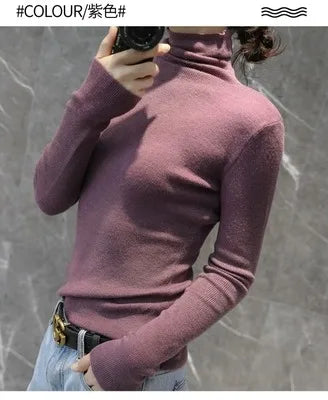 Novo suéter de caxemira feminino outono/inverno 2023, gola alta, suéter ultrafino de lã com pelo