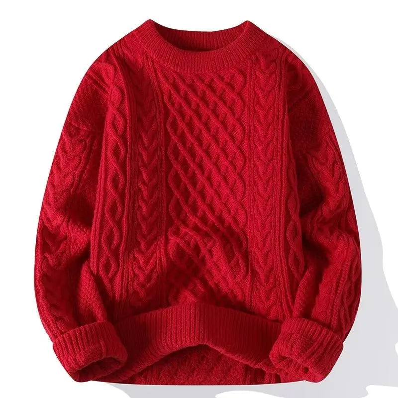 Suéter grosso de inverno masculino com gola redonda e pulôver de malha, cor sólida, manga comprida, casual, casaco quente para o dia a dia