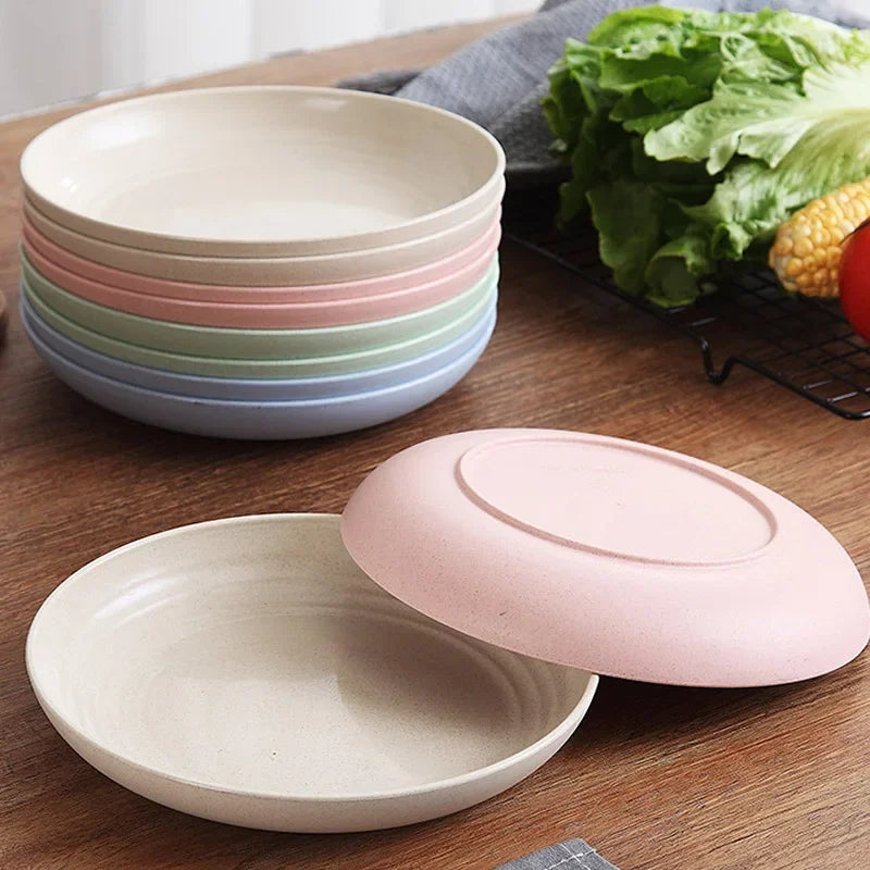 Pratos redondos de palha de trigo, cor sólida, salada, sobremesa, jantar, reutilizáveis, seguros para micro-ondas, pratos anti-queda e quebra, prato de frutas
