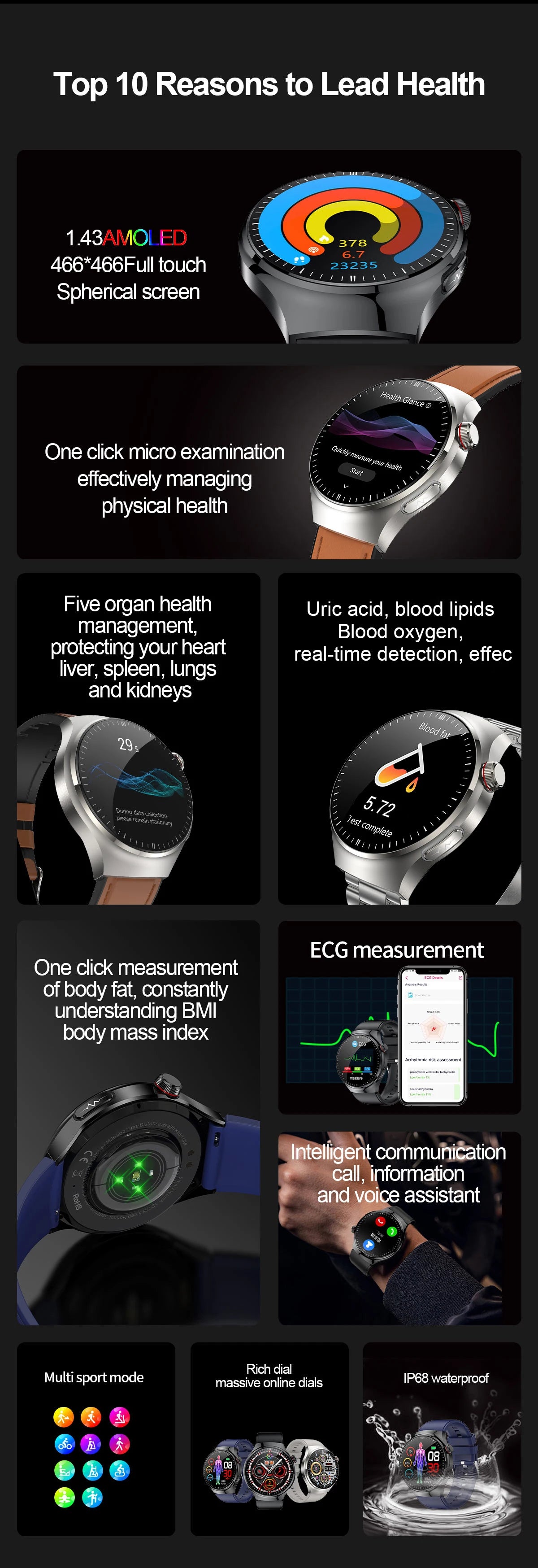 2025 para HUAWEI Precise ECG + PPG Ácido Úrico HD Smart Watch Masculino Lipídios no Sangue Frequência Cardíaca Pressão Arterial Esporte Chamada Saúde Smartwatch