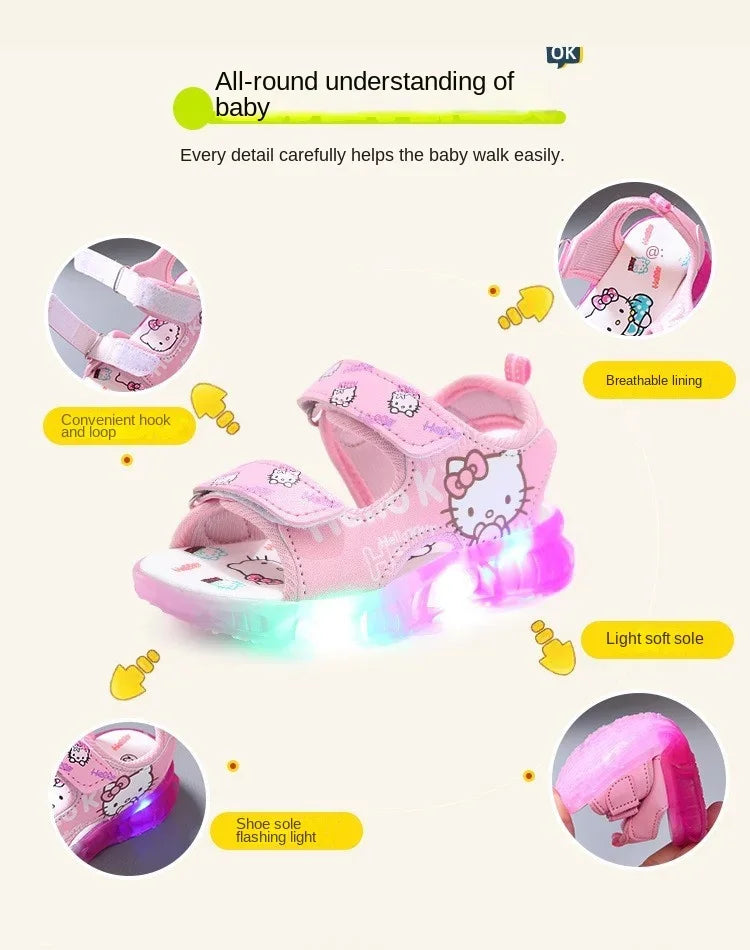 Sandálias infantis com luz LED para bebês meninas, sapatos casuais fofos da Hello Kitty para crianças, calçados antiderrapantes de praia para atividades ao ar livre, verão 2025