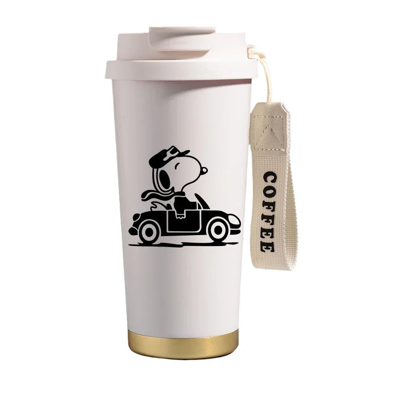 Garrafa térmica de aço inoxidável Snoopys 500ml, anime Kawaii, portátil, viagem, ar livre, carro, chá, café, caneca térmica fria