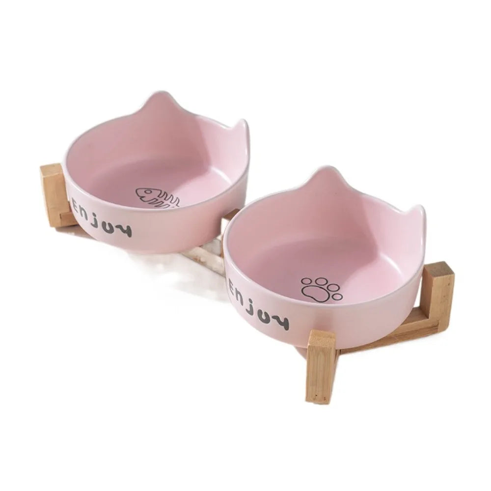 Tigela de cerâmica para animais de estimação, tigela fofa simples/dupla, bacia de alimentação para cães, grande capacidade com suporte, alimentador para animais de estimação, proteção para o pescoço