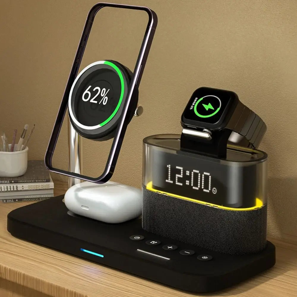 Carregador sem fio Qi2 5 em 1, carregamento rápido de 15 W, suporte magnético com despertador e suporte para carregamento de telefone