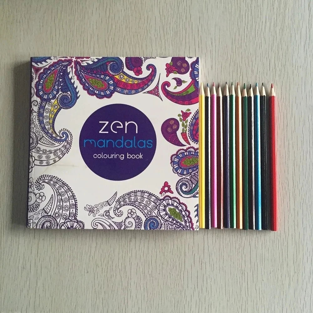 12 lápis de cor + 128 páginas Zen Mandalas Livro de colorir para adultos e crianças Alivia o estresse Mata o tempo Jardim secreto Livro de arte