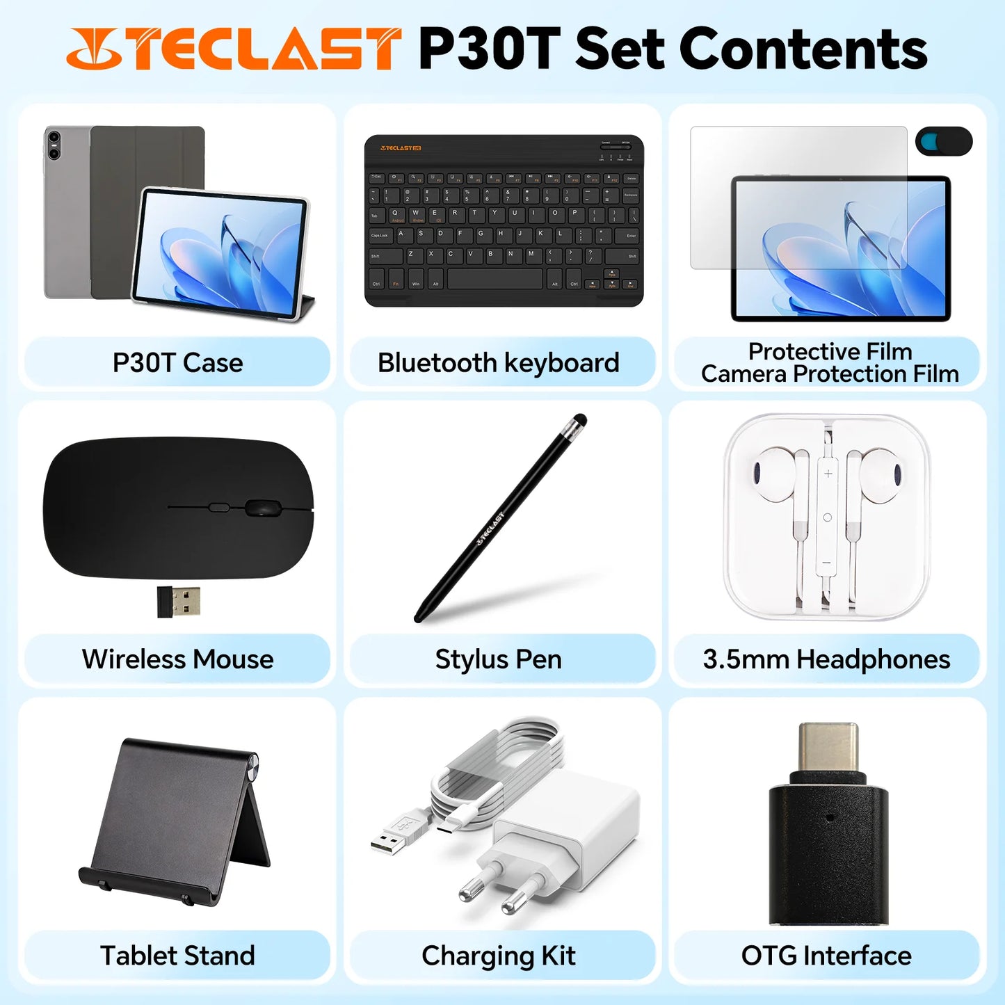 Tablet Teclast P30T Android 15 10.1" IPS Max 12GB RAM 128GB ROM T606 8-core 6000mAh Teclado/Capa/Mouse/Caneta/Fone de Ouvido/Suporte