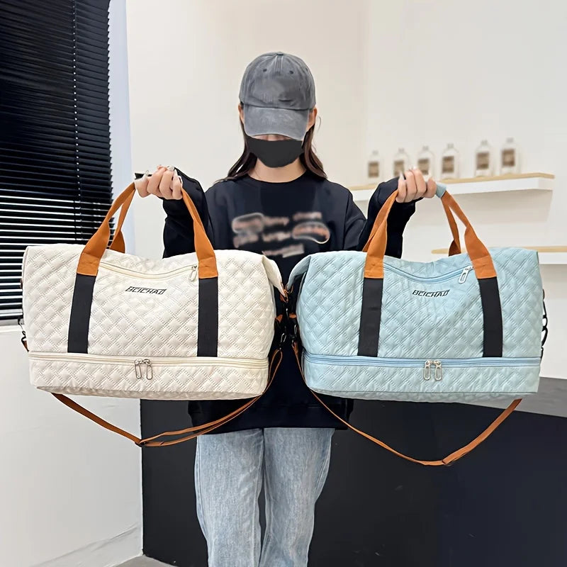 Nylon Travel Duffle Bag with Shoe Compartment, Large Capacity Argyle Pattern Casual Weekender Overnight Gym Storage Bag
