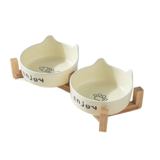 Tigela de cerâmica para animais de estimação, tigela fofa simples/dupla, bacia de alimentação para cães, grande capacidade com suporte, alimentador para animais de estimação, proteção para o pescoço