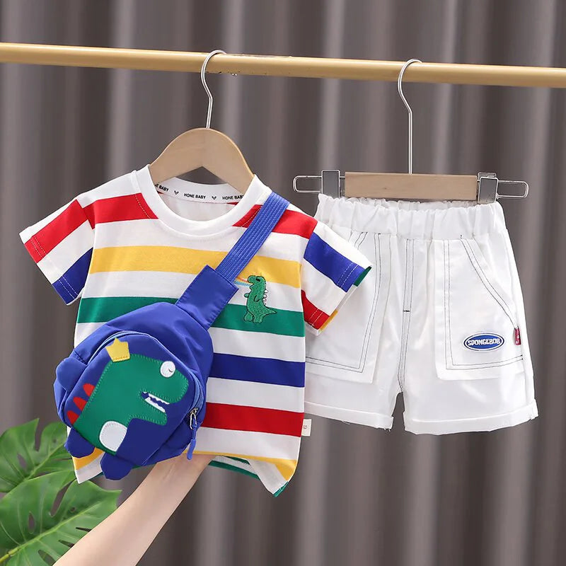 Conjunto de roupas de verão fofo de dinossauro com estampa de desenho animado infantil, camiseta com gola redonda + shorts + bolsa para bebês meninos e meninas, novos agasalhos infantis