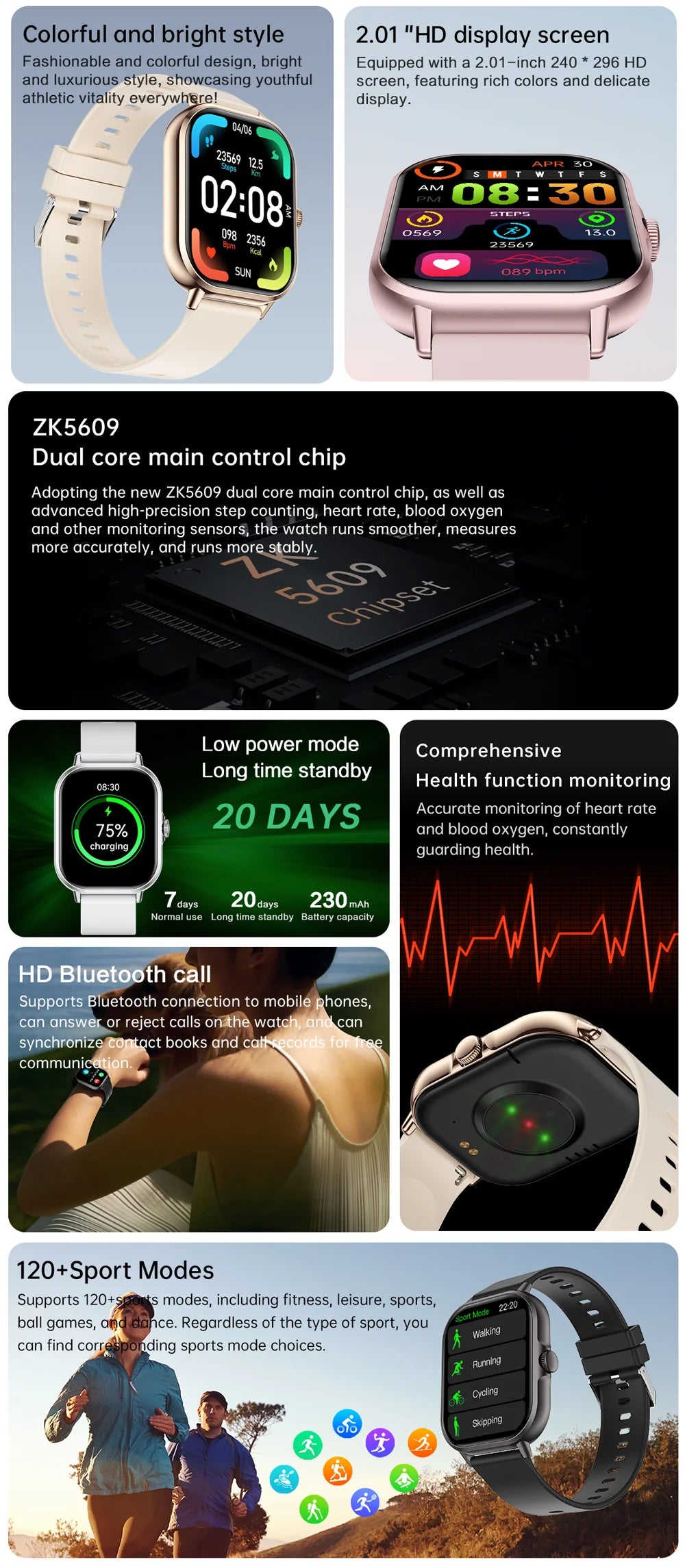 Relógio inteligente 2025 2.01'' Bluetooth com chamada, reprodução de música, relógio fitness esportivo à prova d'água para homens e mulheres, iPhone e Android