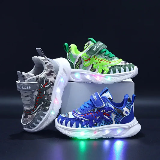 Tênis esportivos infantis novos de primavera com desenho de dinossauro e luz LED para meninos, sola macia, tênis casuais para crianças de 2 a 6 anos