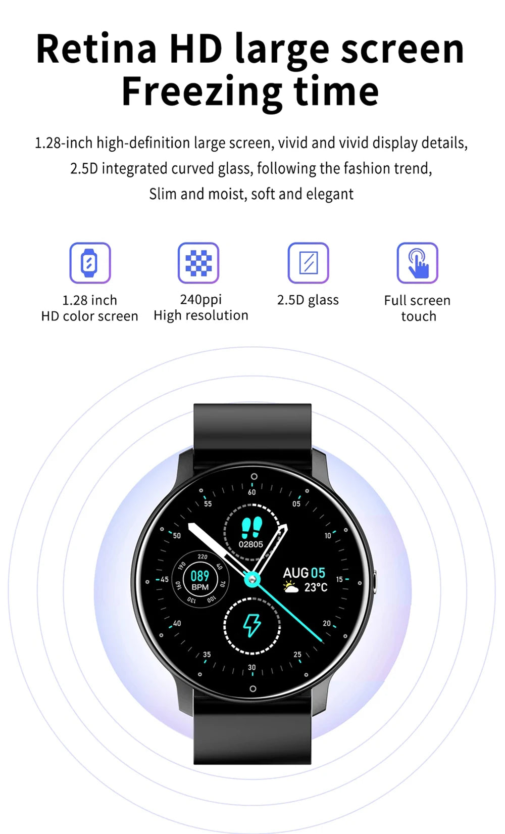Relógio inteligente ZL02 com tela sensível ao toque, esportivo, fitness, IP67, à prova d'água, Bluetooth, recarregável, presente para homens e mulheres
