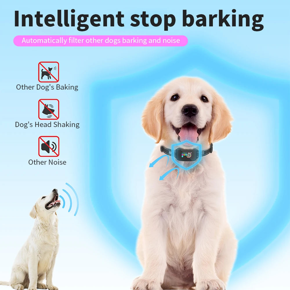 Coleira de cachorro com tela colorida, dispositivo automático antilatidos IP67 à prova d'água, recarregável, treinador de cães, antilatidos inteligente para cães de estimação