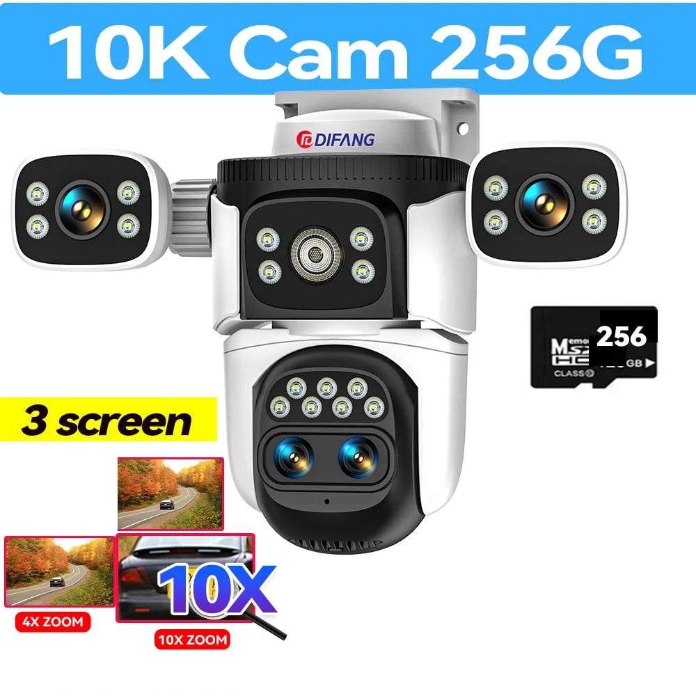 Câmera de segurança externa 10K WiFi6 com três telas, 20MP CCTV, câmera IP externa com zoom de 10X, 8K e 15MP, câmera de vigilância por vídeo