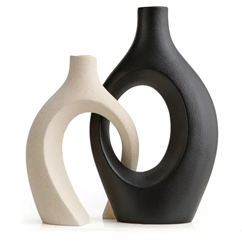Vaso de cerâmica vazado, 2 para decoração moderna de casa, vaso estilo donut boho, vaso decorativo minimalista preto e branco