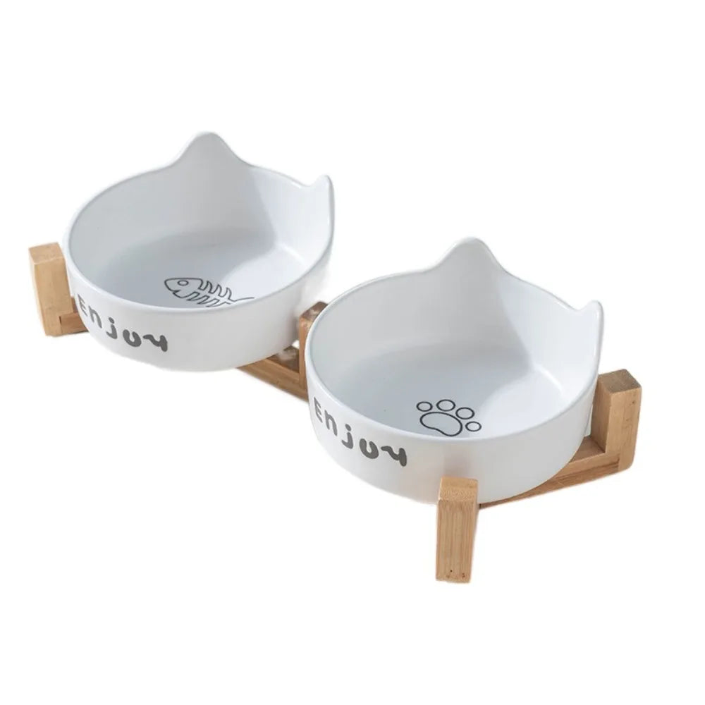 Tigela de cerâmica para animais de estimação, tigela fofa simples/dupla, bacia de alimentação para cães, grande capacidade com suporte, alimentador para animais de estimação, proteção para o pescoço