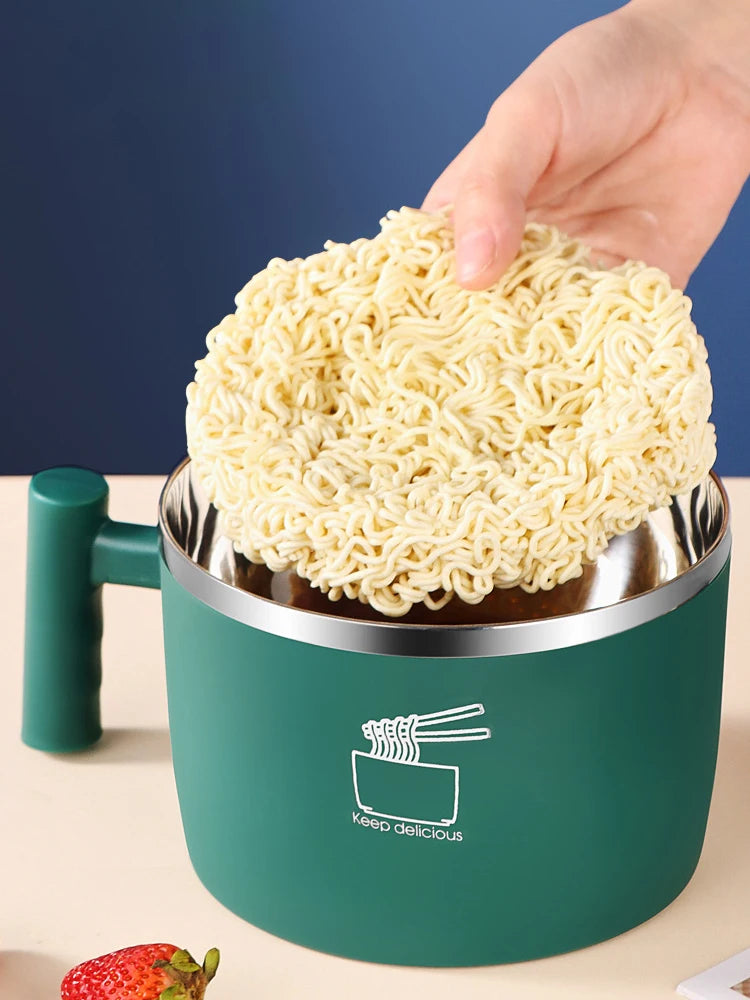 Tigela de aço inoxidável com tampa para macarrão instantâneo, tigela de drenagem selada e portátil para utensílios de cozinha, parceiro de macarrão instantâneo