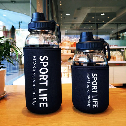 Garrafa de água esportiva portátil de vidro de grande capacidade de 700ml/1000ml com filtro e copo, acessório para exercícios ao ar livre