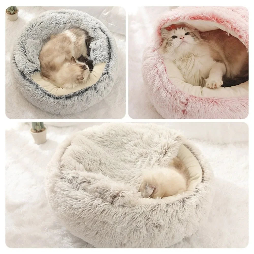 Cama de pelúcia longa e macia para animais de estimação, fechada, redonda, almofada para gatos, confortável, saco de dormir, ninho para gatos, canil para pequenos animais de estimação