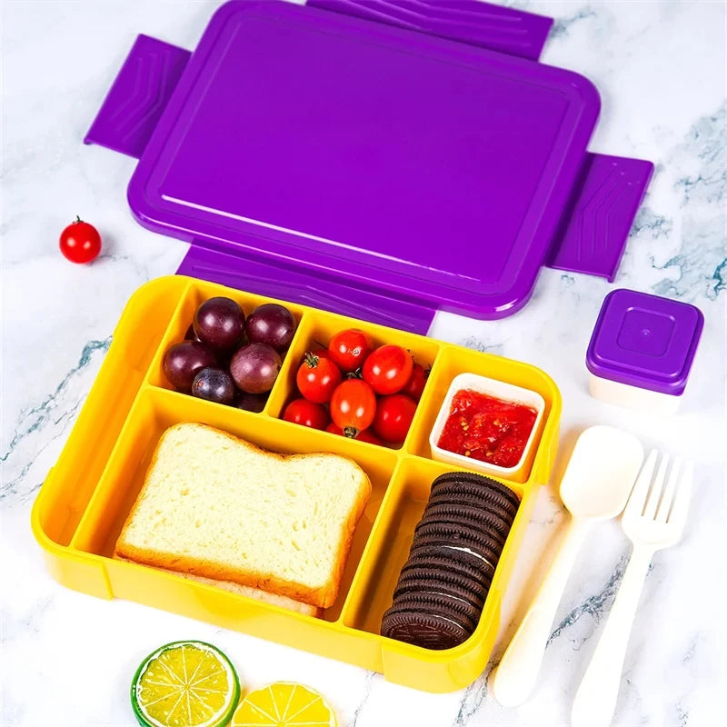 Lancheira Bento para adultos de 1330 ml, recipientes para alimentos com 6 compartimentos e utensílios de mesa para lanches, trabalho, escola, forno de micro-ondas, aquecimento
