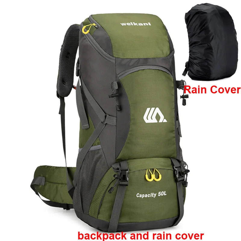 Mochila de viagem 50L para acampamento, masculina, grande, para trilhas, mochila turística, à prova d'água, para esportes ao ar livre, escalada, montanhismo, bagagem
