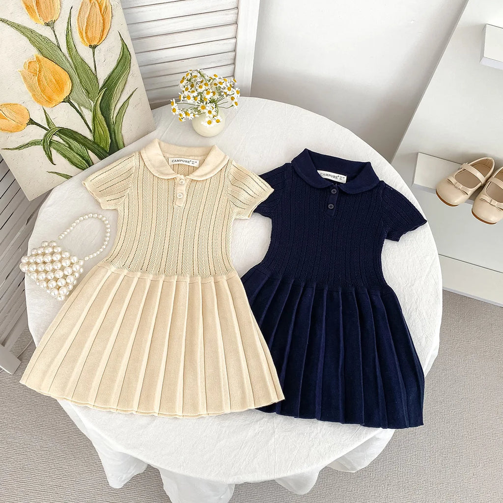 1-5Y Kids Clothes Hollow Out Knit Dress For Kids Girls Kids Knit Pleated Dresses