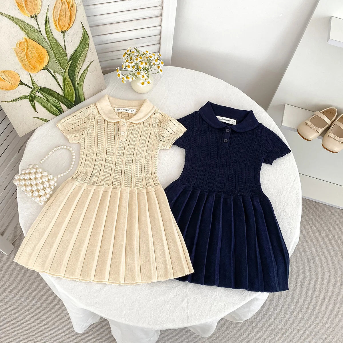 1-5Y Kids Clothes Hollow Out Knit Dress For Kids Girls Kids Knit Pleated Dresses