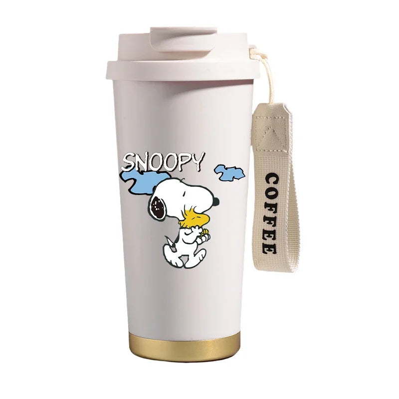 Garrafa térmica de aço inoxidável Snoopys 500ml, anime Kawaii, portátil, viagem, ar livre, carro, chá, café, caneca térmica fria
