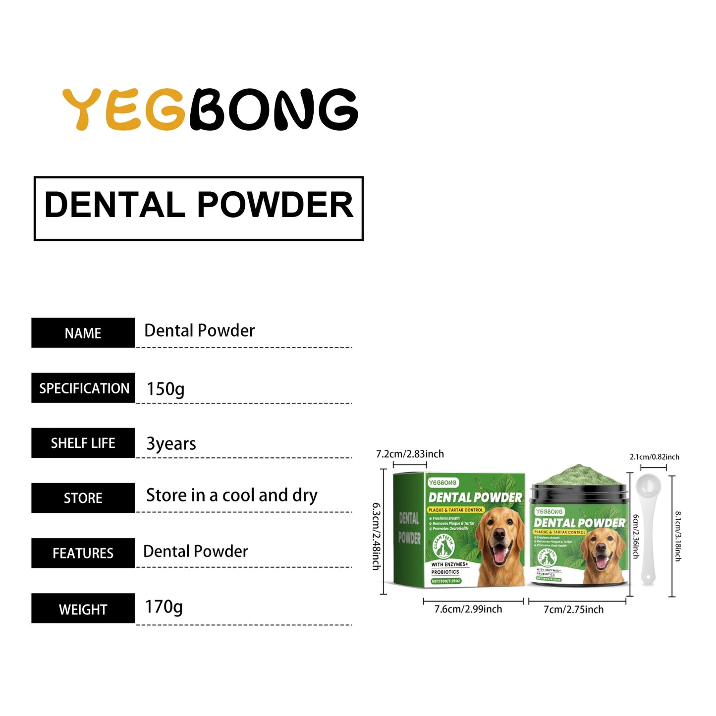 Pó para limpeza de dentes de cachorro Yegbong 150g - Cuidado dental suave para animais de estimação - Remove tártaro, manchas e mau hálito - Clareia os dentes