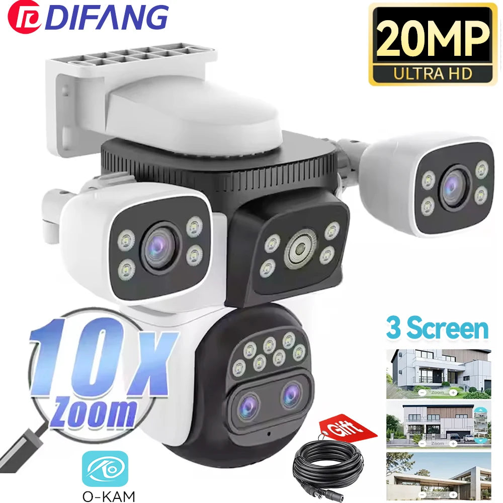 Câmera externa 10K com zoom óptico de 10X WiFi6, tela de 20MP rThree, quatro lentes PTZ, rastreamento automático, lente dupla 6K, à prova d'água, CFTV de segurança